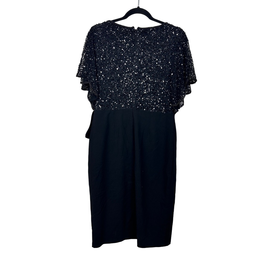 Adrianna Papell Sequin Sheath Dress Womens 14 Black Flutter Sleeve Ruffle Formal - Picture 8 of 10